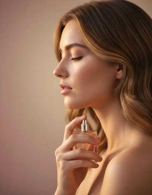 Mulher aplicando perfume, autocuidado Bella Essence